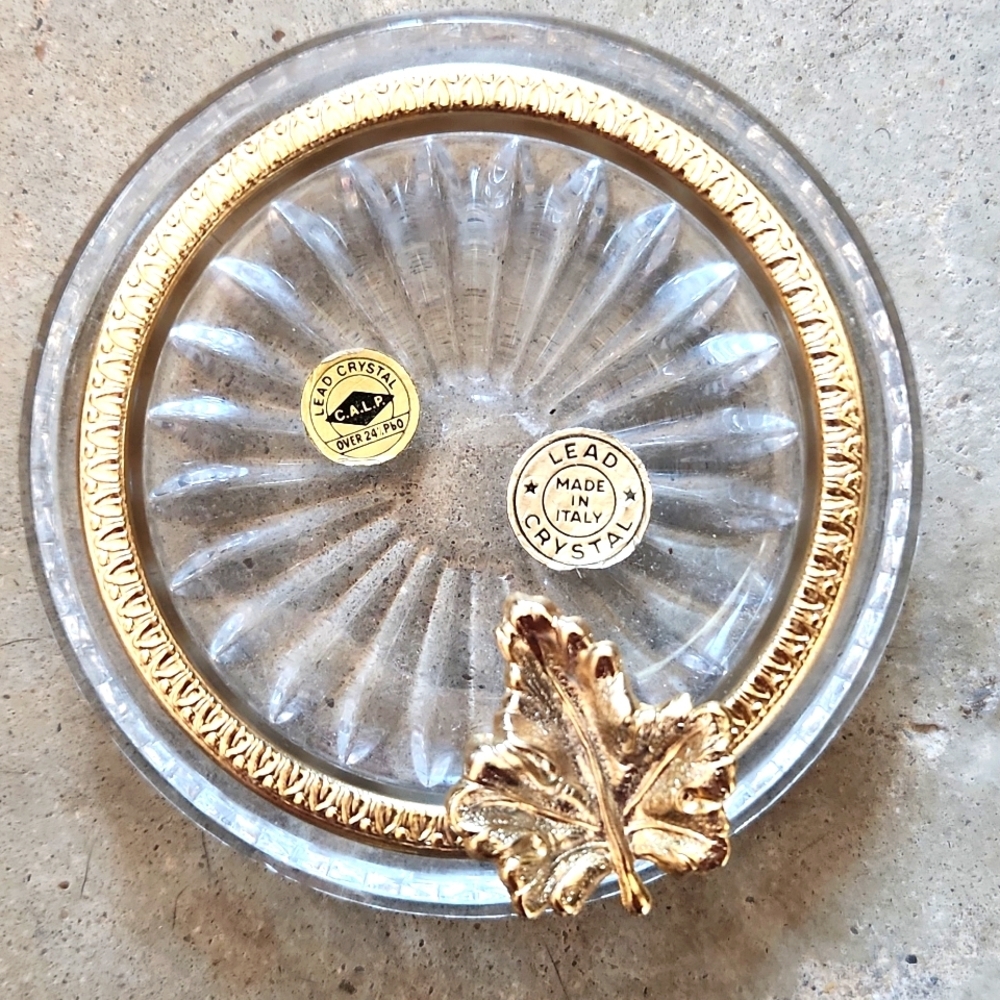 Vintage Hollywood Regency MCM Lead Crystal Gold Leaf Ashtray
